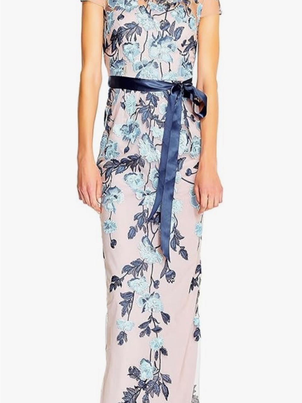 MOB/ MOG Floral Lace Overlay Satin Sash Evening Gown - Blue on Blush